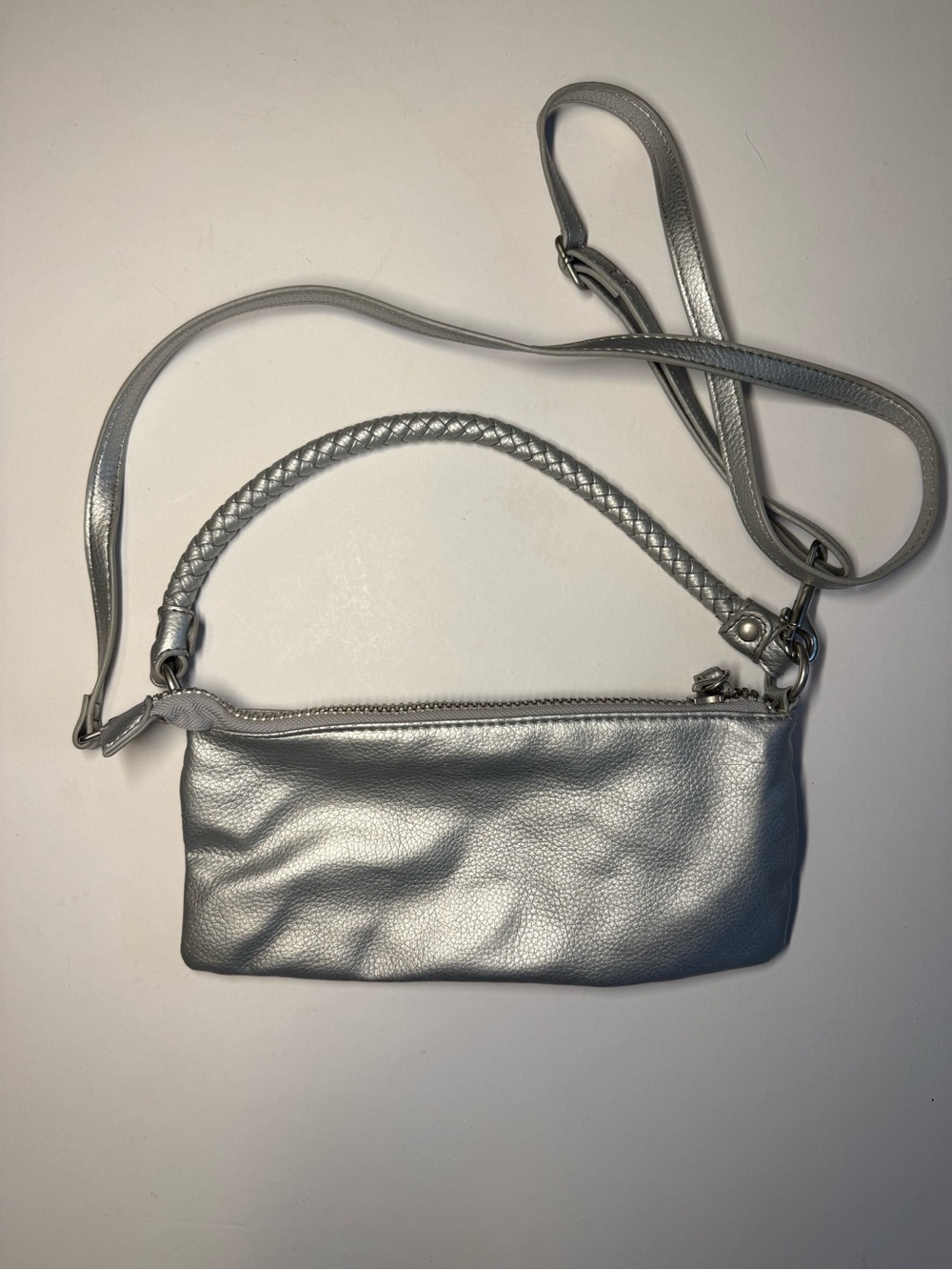 Metallic Silver Mini Crossbody Bag with Braided Handle - Picture 4 of 5